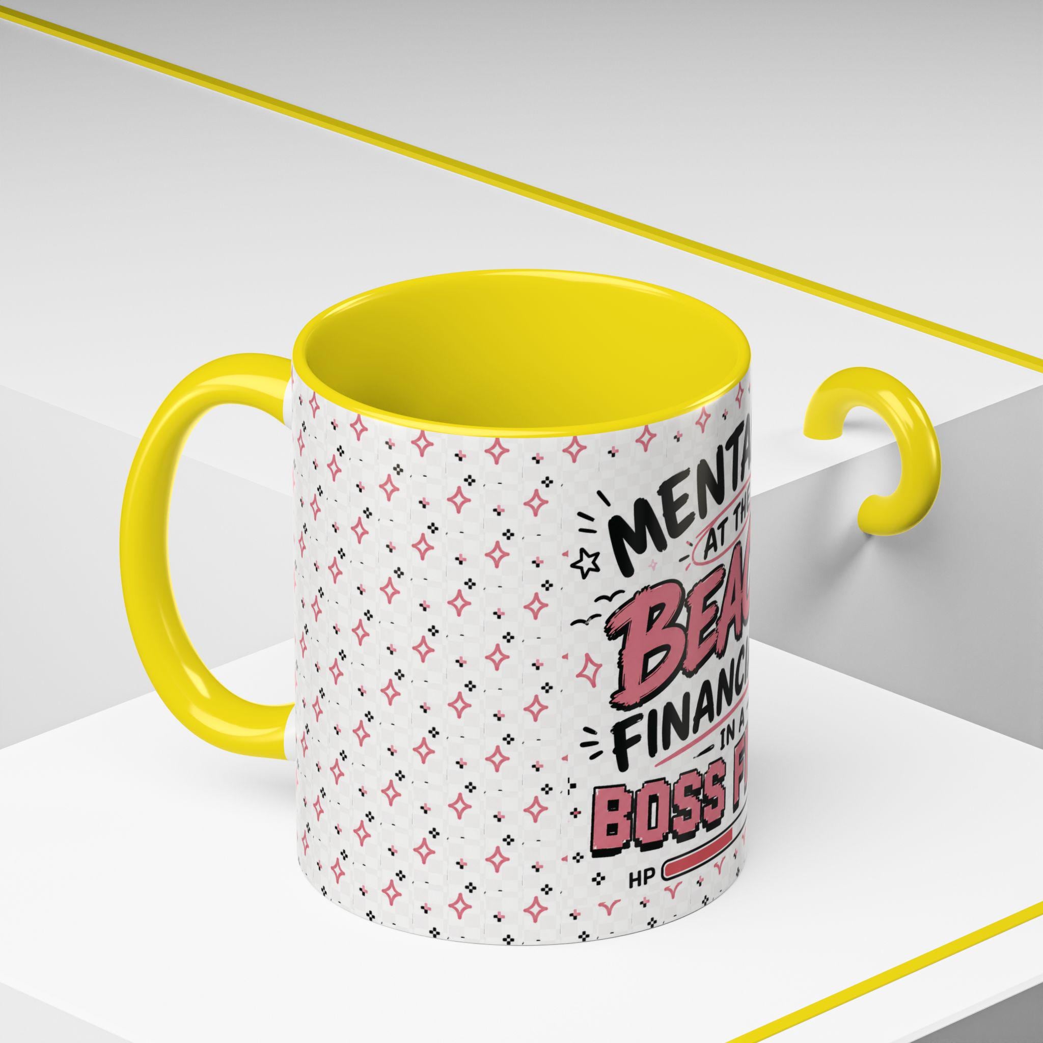Mentally At The Beach Financially In A Boss Fight Mug, Funny Office Mug, Burnout Coffee Cup, Work Bestie Gift, Gen Z Meme Mug