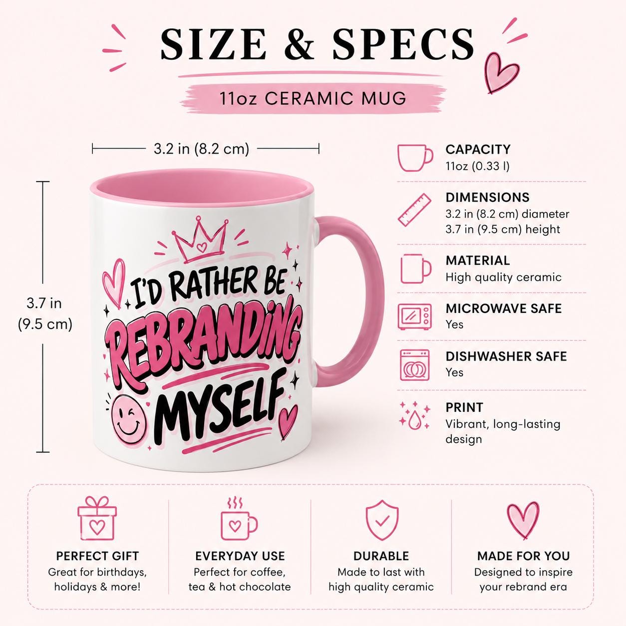 Id Rather Be Rebranding Myself Mug | Funny Pink Coffee Mug | Girl Boss Gift | Feminine Motivation Cup | Gen Z Funny Mug