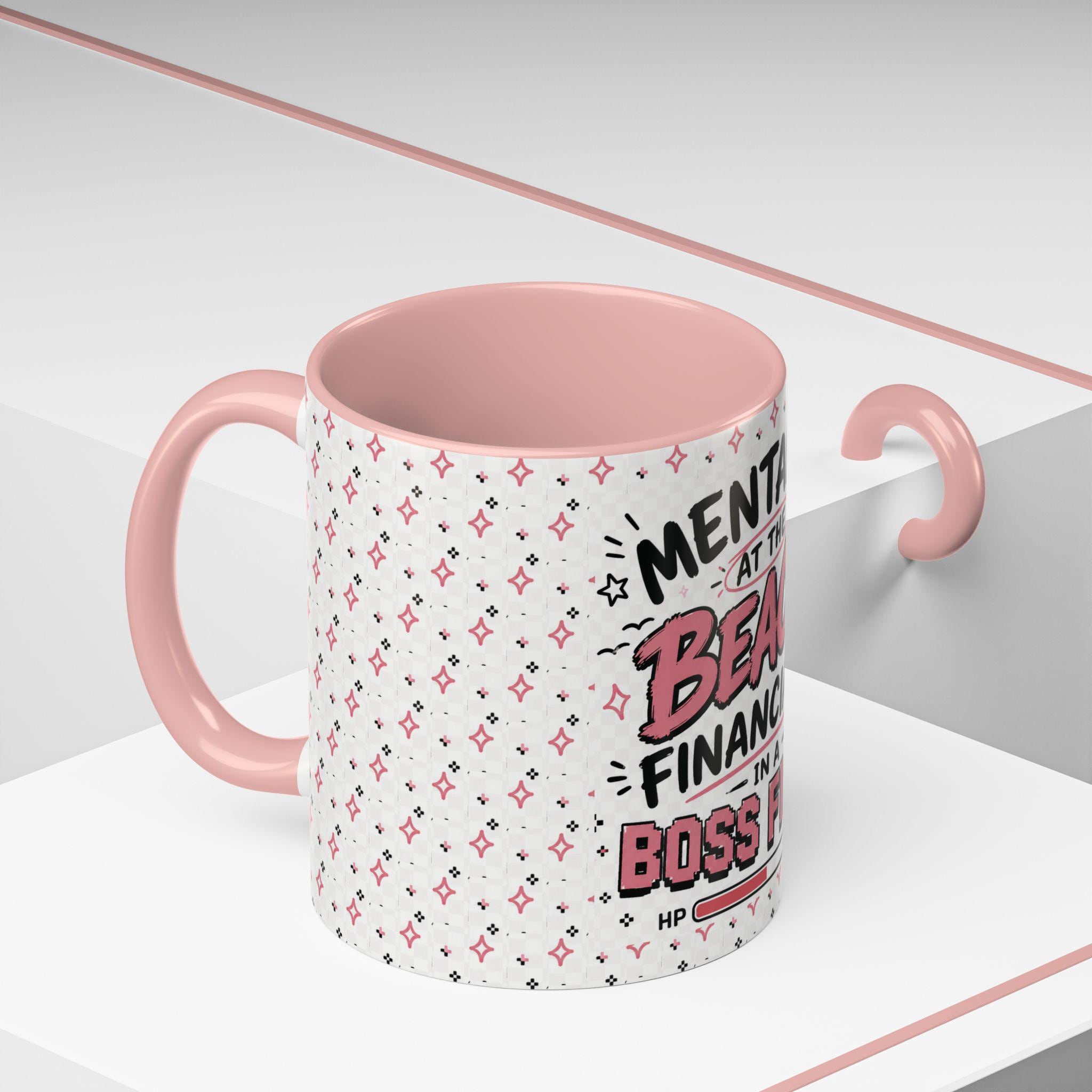 Mentally At The Beach Financially In A Boss Fight Mug, Funny Office Mug, Burnout Coffee Cup, Work Bestie Gift, Gen Z Meme Mug