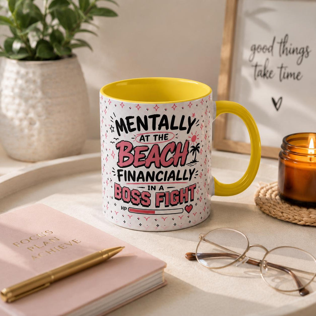 Mentally At The Beach Financially In A Boss Fight Mug, Funny Office Mug, Burnout Coffee Cup, Work Bestie Gift, Gen Z Meme Mug
